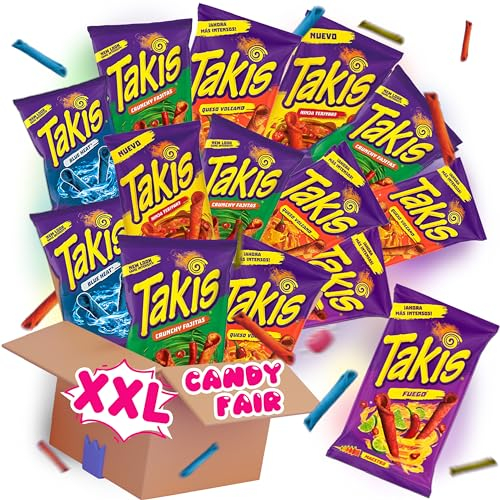 XXL Takis Chips Box - 4x Takis Blue Heat, 4x Takis Fuego, 2x Takis Buckin Ranch, 2x Takis Intense Nacho, 2x Takis Guacamole & 2x Takis Fajitas - 92,3g je Packung!- 1,5kg Große Mix Box zum sparen!