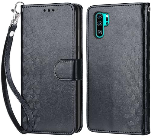 Handyhülle für Huawei P30 Pro Hülle, Schwarz | PU Leder Flip, Klappbar, Stoßfest, Magnetisch, Standfunktion, Kartenfächer, Retro Design, Handgelenkband