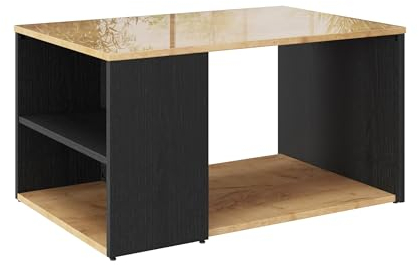 PLATAN ROOM Couchtisch Kaffeetisch Hochglanz Beistelltisch 90x60x47 cm | rechteckig Wohnzimmertisch | Sofatisch mit Stauraum | Eiche Gold Satztisch (Eiche Gold/Schwarz Matt)