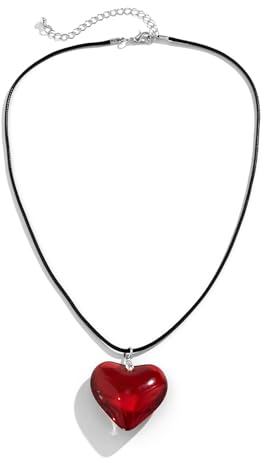 Irikdescia Collana con ciondolo a forma di cuore, Y2K, con elegante corda di cera nera, regolabile, grande ciondolo a forma di cuore, per ragazze, donne (rosso)