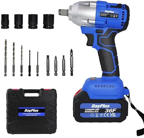 DayPlus Bürstenloser Schlagschrauber, Akku Drehschlagschrauber 1/2 Zoll Vierkantschlüssel mit 1 x 18V 6.0Ah Akku, Max. Drehmoment: 420 Nm, 2-Gang, Vorwärts & Rückwärts Funktion, LED Leicht