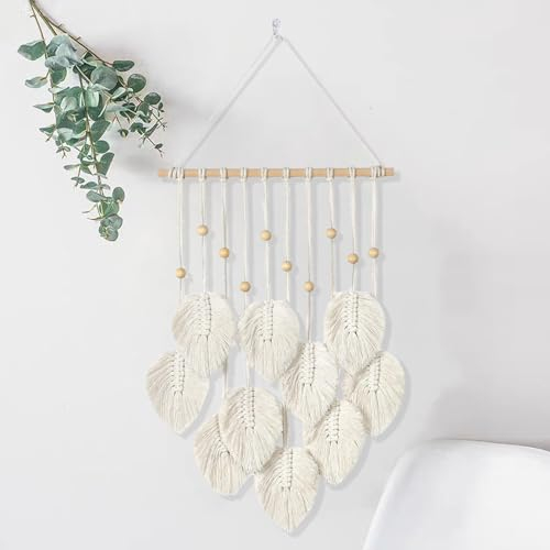 HNLMZ Makramee Wandbehang Handgemachte Boho Wanddeko Wandteppich,Gewebte Makramee Wandteppich mit Holzperlen und Blätter für Wohnzimmer, Schlafzimmer, Hochzeit, Urlaubsdekorationf(Beige)