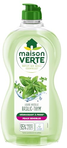Maison Verte - Parfum aux Huiles Essentielles - Liquide Vaisselle - Parfum Basilic-Thym - Dégraissant à Froid - Pour Peaux Sensibles - 95% d'ingrédients d'origine naturelle - 500ml