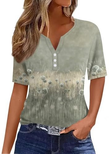 Temu Shop Kleidung Damen Sport Tshirt Damen Damen Tunika Crop Shirt Damen V-Ausschnitt Henley Bluse Mit Knopfleiste Blumenmuster Basic Shirt Poloshirts Für Damen (Grün, M)
