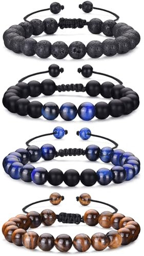 PRETOLE Herren Perlenarmband, Tigerauge Armband Natursteinarmband Elastisches schwarzes Perlenarmband Lavasteinarmband Schwarzes Perlenarmband Herren Freund Geschenk Vatertag Geschenk