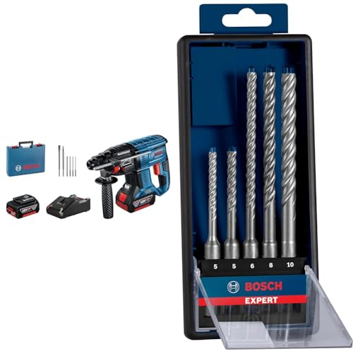 Bosch Professional 18V System Akku Bohrhammer GBH 18V-21 (inkl. Akku, Ladegerät, 6-tlg. Bohrmeißel-Set, im Koffer) + 5x Expert SDS plus-7X Hammerbohrer Set (für Stahlbeton, Ø 5-10 mm)