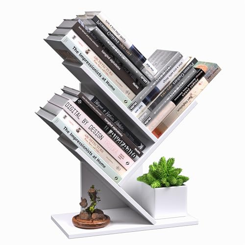 R RUISHENG 3 Tier Small Tree Bookshelf Storage Organizer Shelves Floor Standing Bookcase Desk Wood Storage Rack for Home Office Living Room Bedroom Display for Book Magazine CD manga Warm White