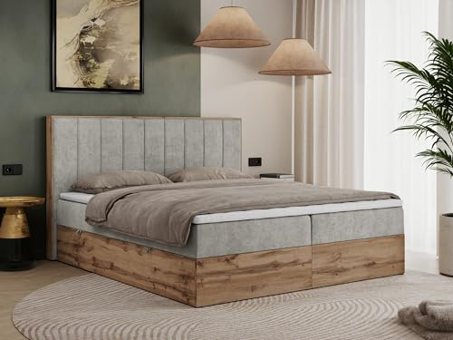 MKS MEBLE Boxspringbett 160x200 mit Bettkasten Eiche, Polsterbett 160x200 mit Matratze H4, Bett 160x200 mit Kopfteil, Bett mit Holzrahmen in Wotan Eiche - Hellgrau Struktur - Bellissimo
