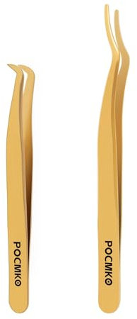 POCMKO DIY Lash Applicator Set, 2 PCS Tweezers, Gold Eyelash Tool for DIY Extensions