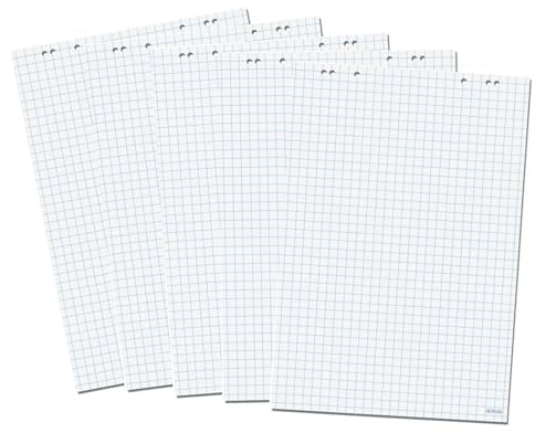 Papiertiger Flipchartblöcke (5 Blöcke, kariert) 20 Blätter für Flipchart je Block, 20 Seiten, 69 x 99 cm, 5 Blöcke im Karton, 6 Löcher, weiß kariert Rückseite blanko, perforiert.