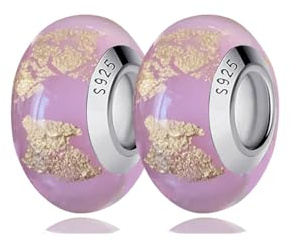 GUAIHAODE 2 dijes de cristal de Murano para pulseras Pandora, plata de ley auténtica, dijes de Murano, dijes dorados y rosados para mujer, 4.5mm, Plata de ley, cristal de Murano, No es una piedra