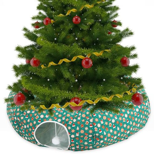 Yeyeplum Katzentunnelbett unter dem Weihnachtsbaum, 91 x 91 x 25 cm, Katzenbett-Tunnel mit hängendem Ball, Weihnachten, Katzen-Donut-Tunnel, rund, Katzen-Versteck für Urlaub, Kreis, Katzenhöhle,