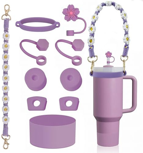 10 Pezzi Stanlley Cup Accessori Alluring Inclusi 1 Fascia per Borraccia, 1 Coperchi in Paglia, 6 Tappi a Prova di Perdite, 1 Custodia in Silicone Stanlley da 1,2 l e 850 ml, Coppe Non Incluse - Viola