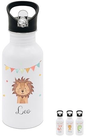 wunderwunsch® - Personalisierte Trinkflasche Kinder Edelstahl [ 500ml ] - Robuste Trinkflasche mit Namen - Wasserflasche mit Trinkhalm - Personalisierte Geschenke für Kinder (Löwe Girlande)