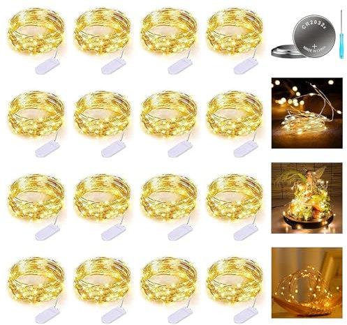 16 Stück Lichterkette Batterie,2M Micro Lichterkette außen Batterie,Innen,Batteriebetrieben für Zimmer Deko,Hochzeitsdeko, Weihnachtsdeko Zusätzlich 36 kleine Batterien(WarmWeiß) [Energieklasse A]