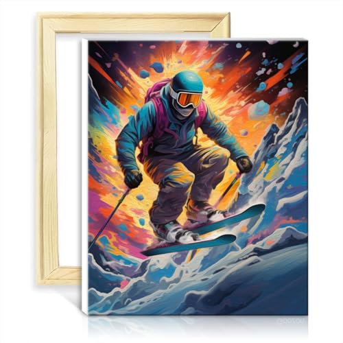TANGFEIY Malen nach Zahlen, Skifahrer, Ölgemälde-Set für Erwachsene und Anfänger mit Pinseln und Acrylpigmenten auf Leinwand für Eltern-Kind-Zeit, mit Rahmen (40 x 50 cm)