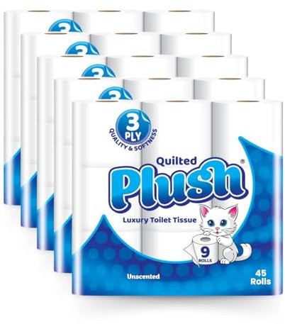 Plush Classic Unscented & Aloe Vera Quilted Toilet Tissue 45 Rolls – Luxuriously Soft, Strong & Absorbent 3-Ply Toilet Paper – Gentle on Skin, Bulk Pack, White (Blue (Unscented))