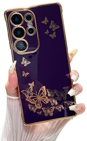 ZTOFERA Hülle für Samsung S24 Ultra 5G, Vergoldet Schmetterling Muster Etui mit Goldene Kante, Flexible TPU Anti-Kratzer Stoßfest Schutzhülle für Samsung Galaxy S24 Ultra - Dunkellila