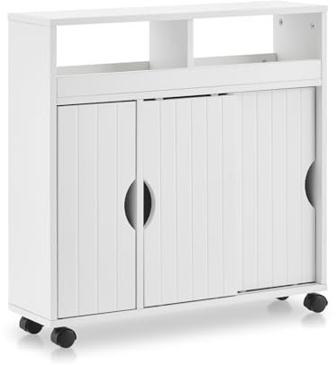 TUKAILAI Badezimmerschrank, Badschrank schmal mit Schiebetüren, Toilettenschrank mit Rollen für Esszimmer, Küche, Wohnzimmer, Kommode 20 cm Tief, 70 x 20 x 71.5cm, Weiß