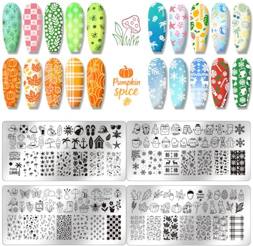PH PandaHall 4pcs Saison Nagel Stamping Platte, Frühling Sommer Herbst Winter Kunst Schablonen Nail Art Stencils Edelstahl Bild Platten Werkzeug für Frauen Print Maniküre Salon Design Supplies