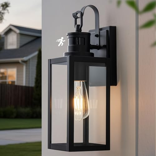 FTL Wandlampe Laterne Aussen mit Bewegungsmelder, 3 Beleuchtungsmodi Aussenlampe mit Bewegungsmelder, E27 Außenwandleuchten, Mattschwarz Ausenbeleutung Hauswand für Veranda, Eingang, IP44 Wasserdichte