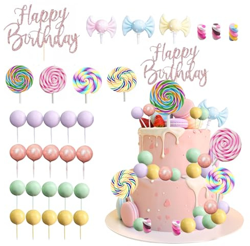 31 Stück Tortendeko Candy, Happy Birthday Cake Topper, Bunte Kuchen Deko Kugeln, Kuchen Topper Geburtstag, Candy Torten Deko für Kinder Geburtstag Babyparty Hochzeit Valentinstag Party Dekoration