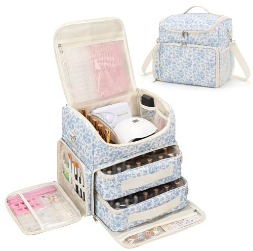 Extra Large Nail Polish Organiser Case Holds 86 to 100+ Bottles Nail Polish & Nail Lamp, Nail Supplies Storage Carrying Bag with 2 Removable Pouches, Nail Tech Travel Box (Floral Blue, 86 Slots)