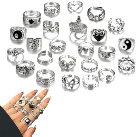 UIEXAY 24 Stück Ring Vintage Punk Mode Ringe Blumen Schmetterlinge Skelette Engelelemente Trend Ist Einzigartig Geeignet Für Männer Und Frauen