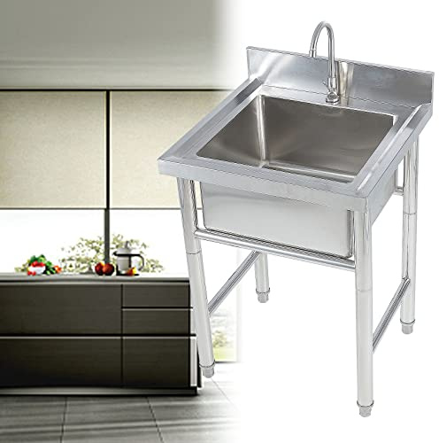 Évier utilitaire en acier inoxydable, grand bac simple, évier extérieur, lave-mains pour garage, restaurant, cuisine, buanderie (50/60 cm)