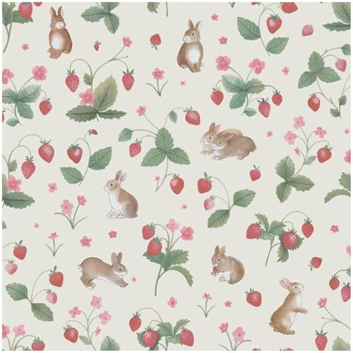 YöL Bunnies Berries Cream Multi Wallpaper - Washable Paste The Paper - Contemporary Versatile - Kids Bedroom Nursery - Feature Statement Wall - Animal Print Botanical - Playful