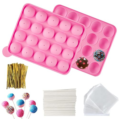 YXHZVON Silicone Cake Pop Maker Kit, 20 Cavities Cake Pop Mould | Lollipop Mold Includes 100Pcs Treat Sticks, Bags and Twist Ties, Chocolate Lolly Moulds for Hard Candy, Chocolate, Jelly