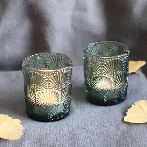 Grün Teelichthalter Glas mit 12, Ginkgo Biloba Teelichtgläser Vintage | Vohocandle Grüner Teelichtglas Weihnachten für die Tischdekoration bei Hochzeitsfeiern und Erntedank (5.5cm W x 6.5cm H)