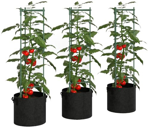 Outsunny 3 Packs Tomato Cages with 83.7L Grow Bags 120cm Adjutstable Stakes | Triangle Plant Stakes Support Trellis, Planter Bags, Garden Cucumber Trellis Plant Cages, for Climbing Plants, Fruits