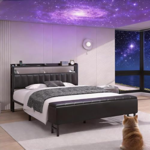 Cadre de Lit 160x200 avec Projecteur Étoilé, Banc de Lit, Multiprise, Noir | Lit double 160x200 cm avec Station de Charge, Lit Rembourré avec Tête et Pied de Lit , Latte Métallique, Montage Simple