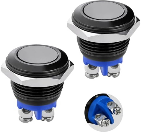 Lot de 2 Boutons Poussoirs Métal 16mm Étanche IP65, Interrupteur 12V et 220V à Auto-Réinitialisation, Bouton de Démarrage Rond pour Voiture, Moto, Onduleur, Projets DIY et Électronique