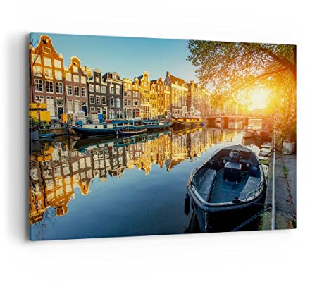 Wandbilder Dekoration Wohnzimmer Kanal Boot Amsterdam Wasser Bilder auf Leinwand 120x80cm Leinwandbild Schlafzimmer Deko Wand Kunstdruck Art Groß XXL Wanddeko Bild Wall Decor Canvas AA120x80-2857