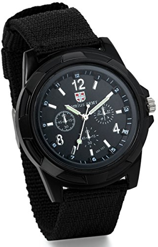 JewelryWe Herren Armbanduhr, Analog Quarz Piloten Outdoor-Sportuhr Schwarz Textil Armband Uhr mit Schwarz Digital Zifferblatt