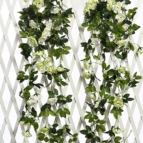 JUSTOYOU 2pcs 7.8FT zweifarbige künstliche gefälschte Rosengirlande Wein hängen Seide Blume künstliche Blume für Außen- und Innenhochzeit Wand schlechte Dekoration (weiß)