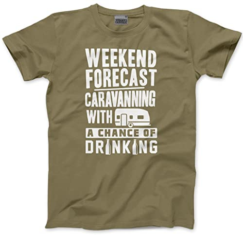 HotScamp Weekend Forecast Caravanning with a Chance of Drinking - Mens Unisex T-Shirt - Funny Caravan Owner Camper Camping L Khaki