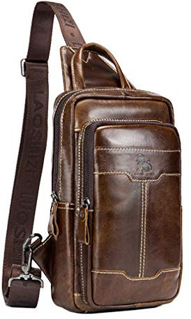 Hebetag Leder Sling Bag Wandern Daypack für Männer Frauen Outdoor Reisen Camping Angeln Crossbody Schulter Brust Pack Rucksack (#07Braun)