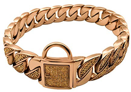 DUPFY 32MM Heavy Cuban Dog Chain with Safety Lock,18K Rose Gold Dog Collar,Strong Stainless Steel Metal Links Slip Chain Training Collar for Large Medium Dogs 16inch(41cm)