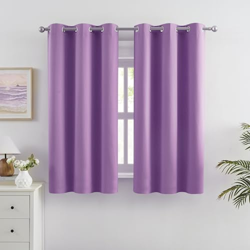 DUALIFE Kurzer, violetter Vorhang für Mädchenzimmer, 96,4 x 114,4 cm Länge, solide, energieeffizient, Raumverdunkelung, Schlafzimmervorhänge, Thermoösen