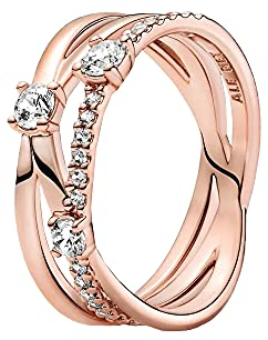 PANDORA Timeless Anello a tripla fascia brillante placcato in oro rosa 14 k con zirconi cubici trasparenti, 56