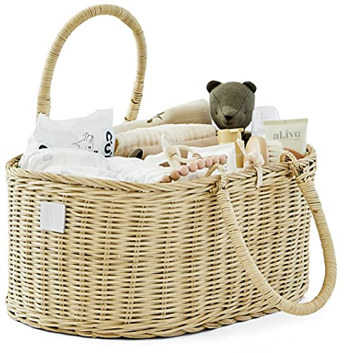 BEBE BASK Baby-Windel-Caddy Organizer – handgefertigter Bio-Rattan-Korb für Mädchen und Jungen – luxuriöse Aufbewahrung für Kinderzimmer