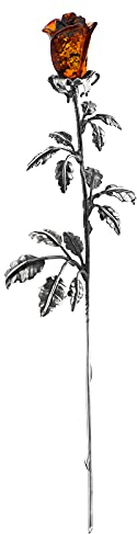 AMBEDORA Eternal Rose in argento 925 ossidato, rosa baltica intagliata a mano, grande rosa d'argento con testa d'ambra in colore cognac 15 cm 15 g