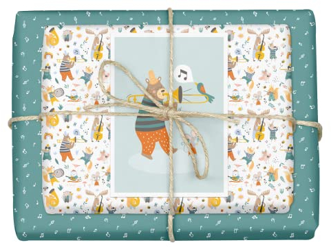 dabelino® Kinder Geschenkpapier Set: Musik-Instrumente/Noten mit witzigen Tieren (Geburtstag, für Jungen/Mädchen, Weihnachten, Einschulung)