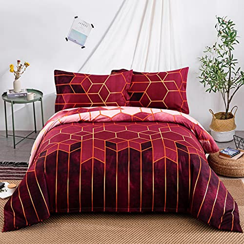 Red Geometric Duvet Cover Golden Stripes Duvet Cover Set, Reversible Lightweight Bedding Sets 3pcs with Zipper Closure (King, 220x230cm)