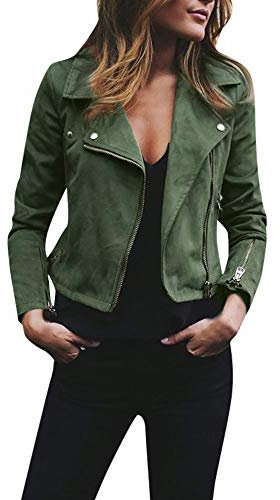 Giacca in pelle da donna, corta, in ecopelle, con chiusura a strappo, a maniche lunghe, con colletto risvolto, outwear corto, autunno, colletto da baseball, giacca casual, Verde 5., XXXXL