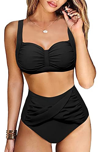 Vancavoo Bikini Damen Set High Waist Zweiteiliger Badeanzug Push Up Rüschen Einstellbar Bikinioberteil Bikini-Sets Bademode Curvy Swimsuit Beachwear,Schwarz,XL