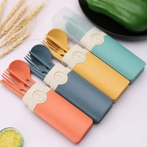 Set Posate Plastica 4 Pezzi con Custodia Portatile, Lavabile da Ufficio, Camping, Viaggi Coltello, Forchetta, Cucchiaio, Bacchette Vari Colori (Azzurro)